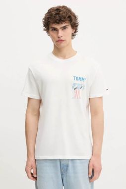 Bavlnené tričko Tommy Jeans pánske, biela farba, vzorované, DM0DM21914