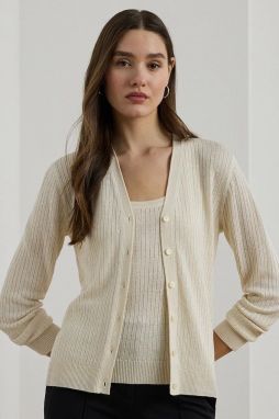 Ľanový kardigán Lauren Ralph Lauren béžová farba, ľahký, 200971350