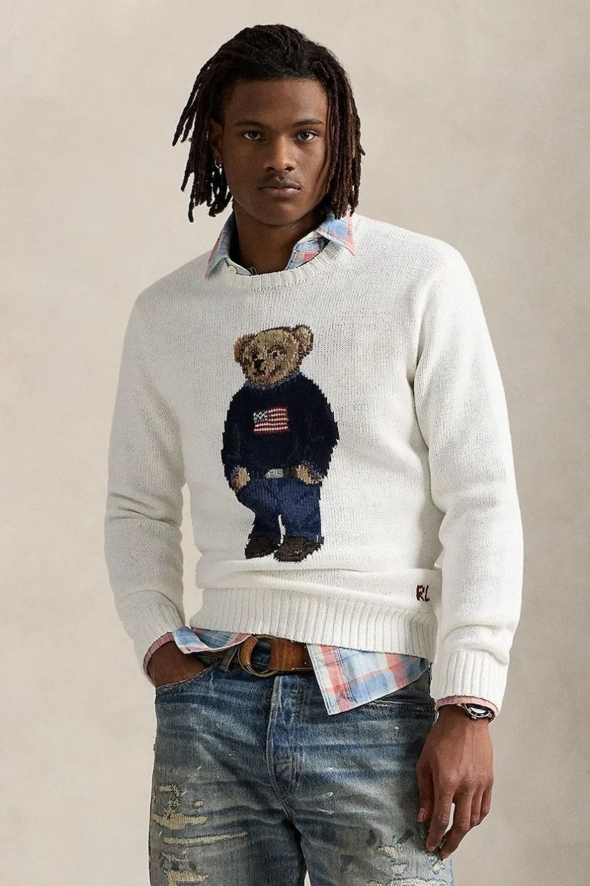 Ľanový sveter Polo Ralph Lauren Lscrflagbear Long Sleeve biela farba, 710977415