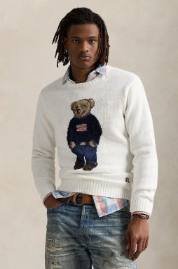 Ľanový sveter Polo Ralph Lauren Lscrflagbear Long Sleeve biela farba, 710977415