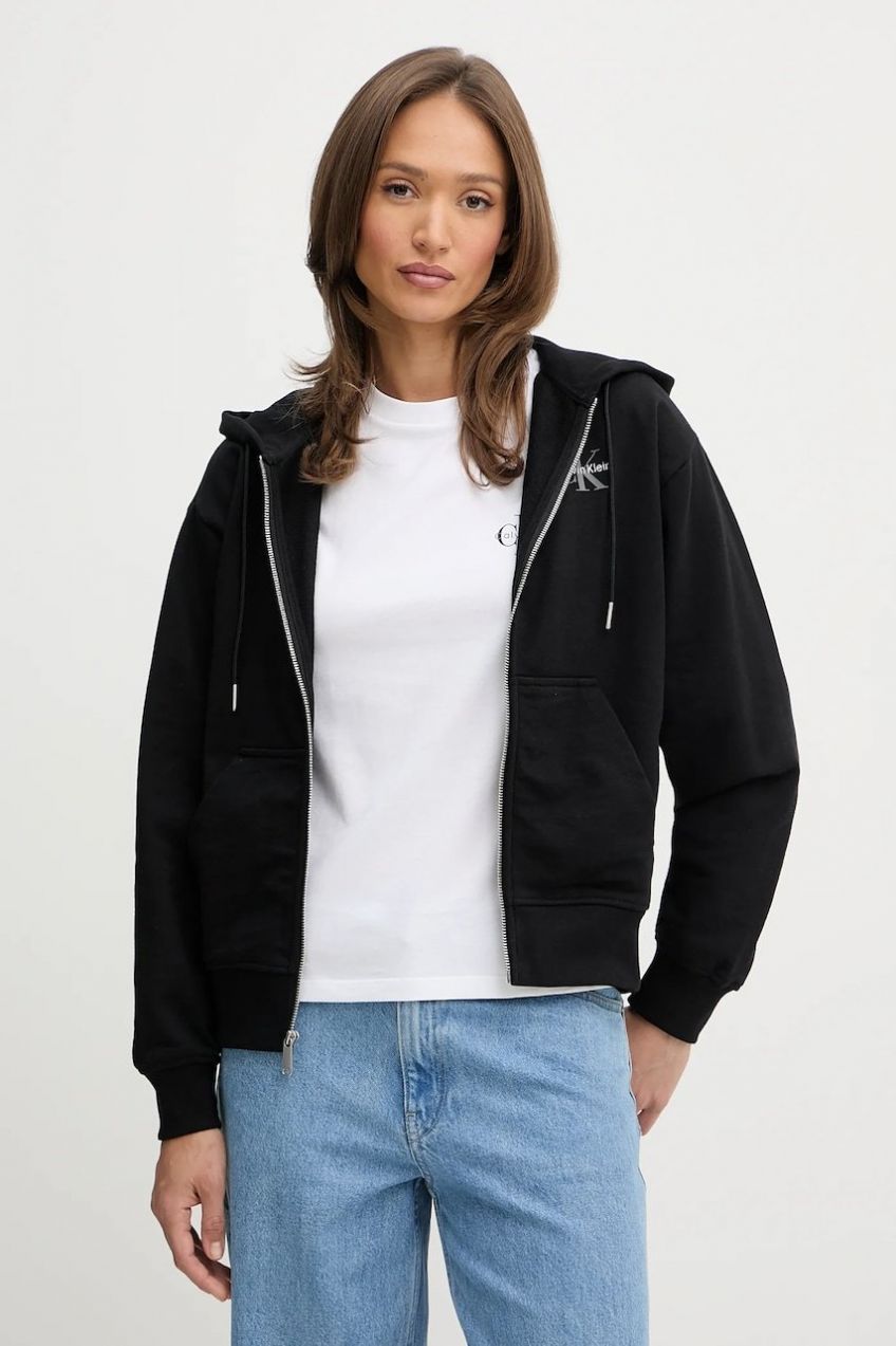 Mikina Calvin Klein Jeans čierna farba, s kapucňou, s potlačou, LV047B270G