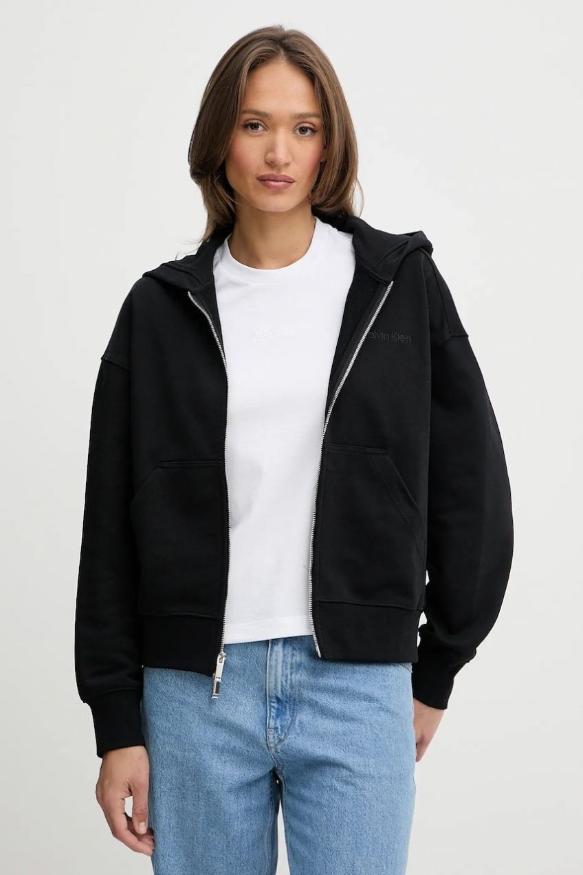 Bavlnená mikina Calvin Klein čierna farba, s kapucňou, jednofarebná, LV044C211G