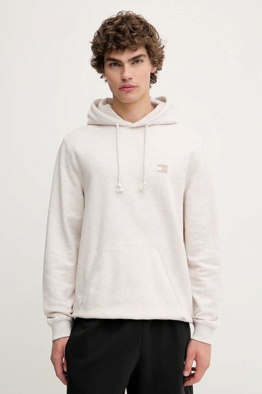 Bavlnená mikina Tommy Jeans béžová farba, s kapucňou, melanžová, DM0DM21922