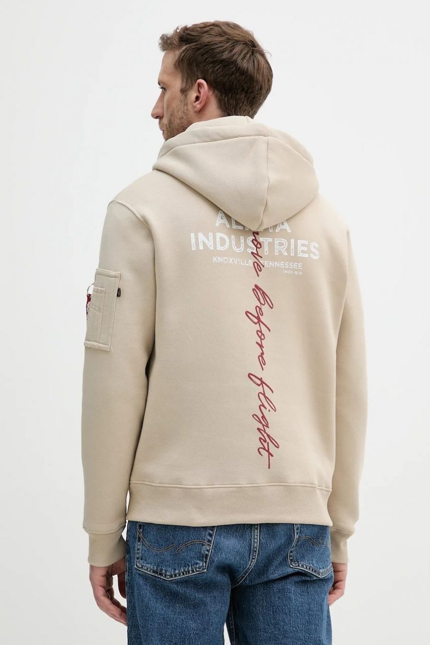 Mikina Alpha Industries béžová farba, s kapucňou, s potlačou, 148341.627