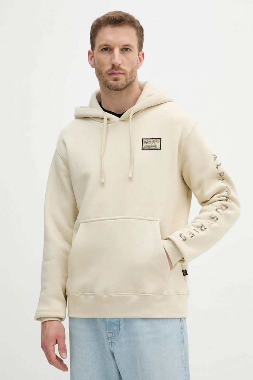 Mikina Alpha Industries béžová farba, s kapucňou, s potlačou, 156340.300