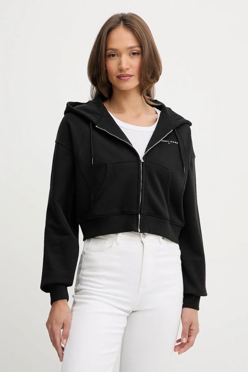 Mikina Tommy Jeans čierna farba, s kapucňou, jednofarebná, DW0DW21163
