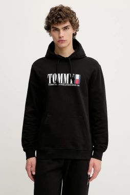 Bavlnená mikina Tommy Jeans čierna farba, s kapucňou, s potlačou, DM0DM22144