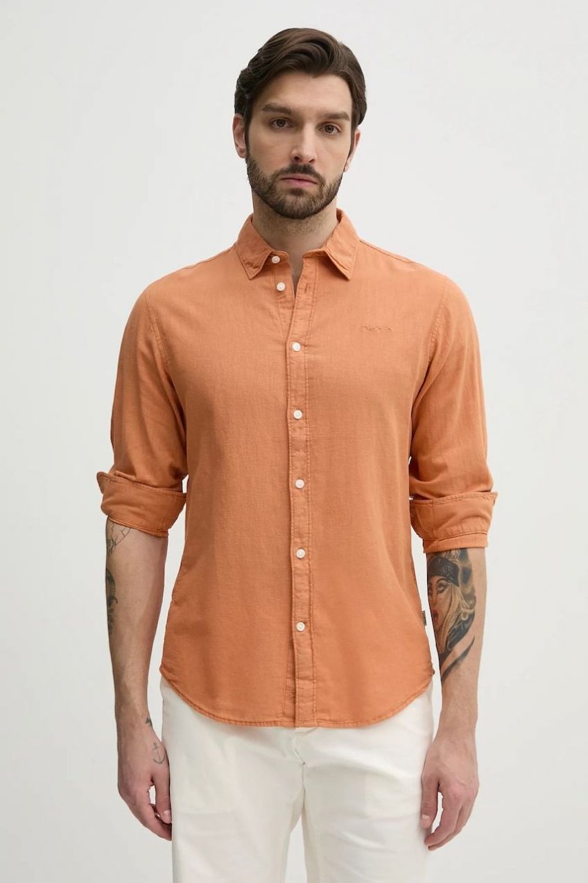 Ľanová košeľa Pepe Jeans ARNAU pánska, oranžová farba, regular, s klasickým golierom, PM308844