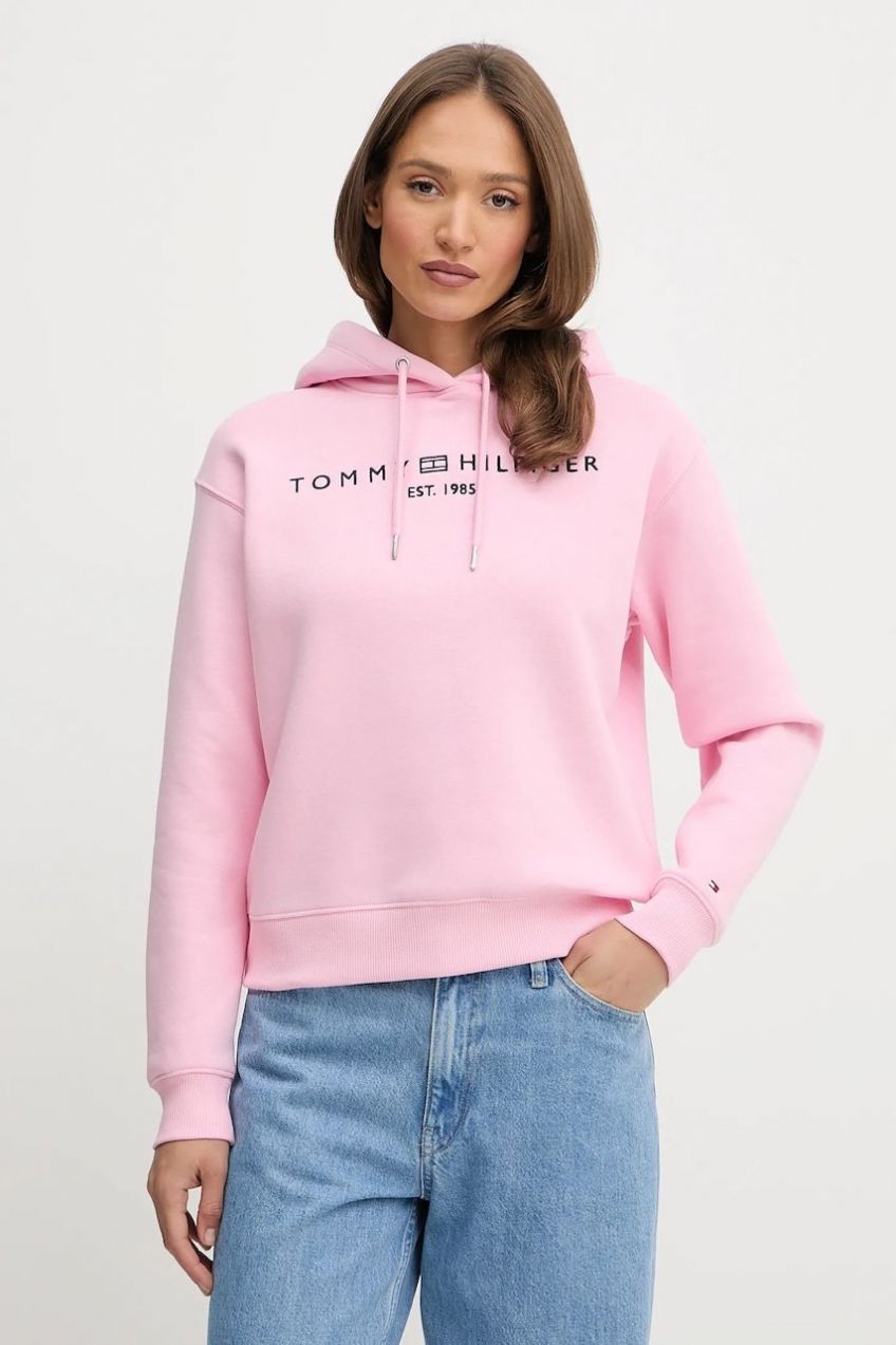 Mikina Tommy Hilfiger čierna farba, s kapucňou, s nášivkou, WW0WW43598
