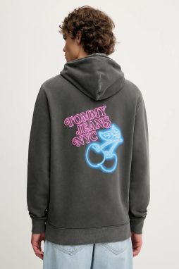 Bavlnená mikina Tommy Jeans šedá farba, s kapucňou, s potlačou, DM0DM21798