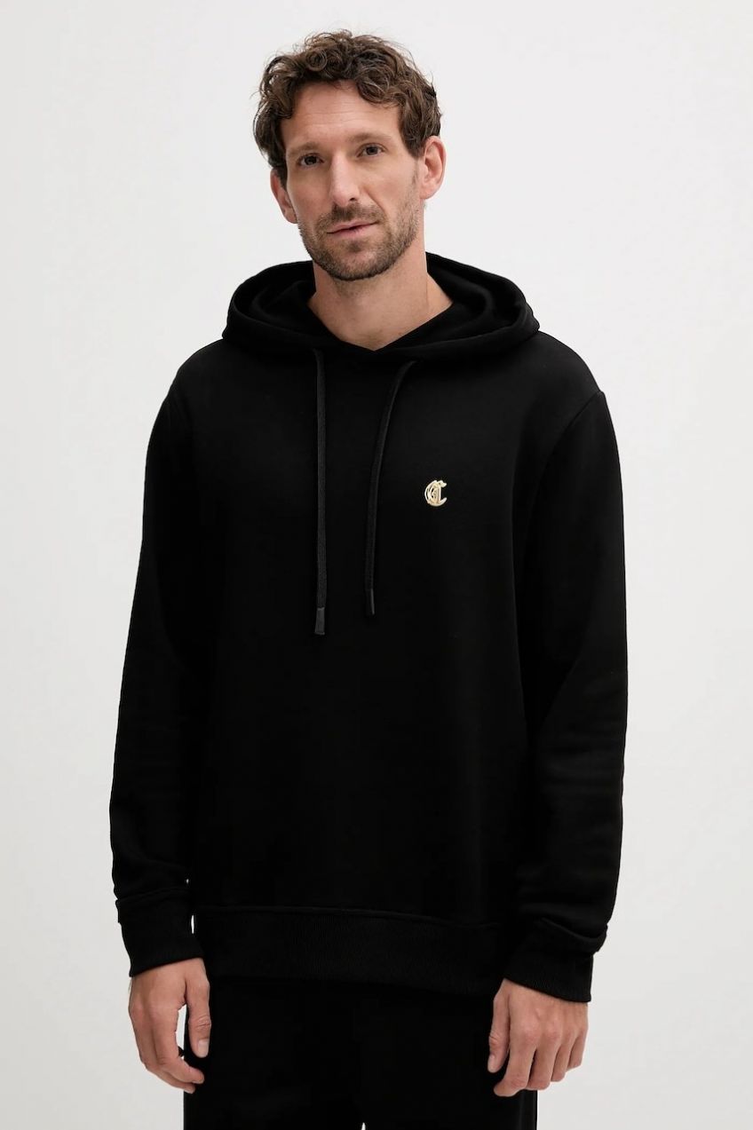 Bavlnená mikina Just Cavalli čierna farba, s kapucňou, jednofarebná, 79OAIT06 CF500