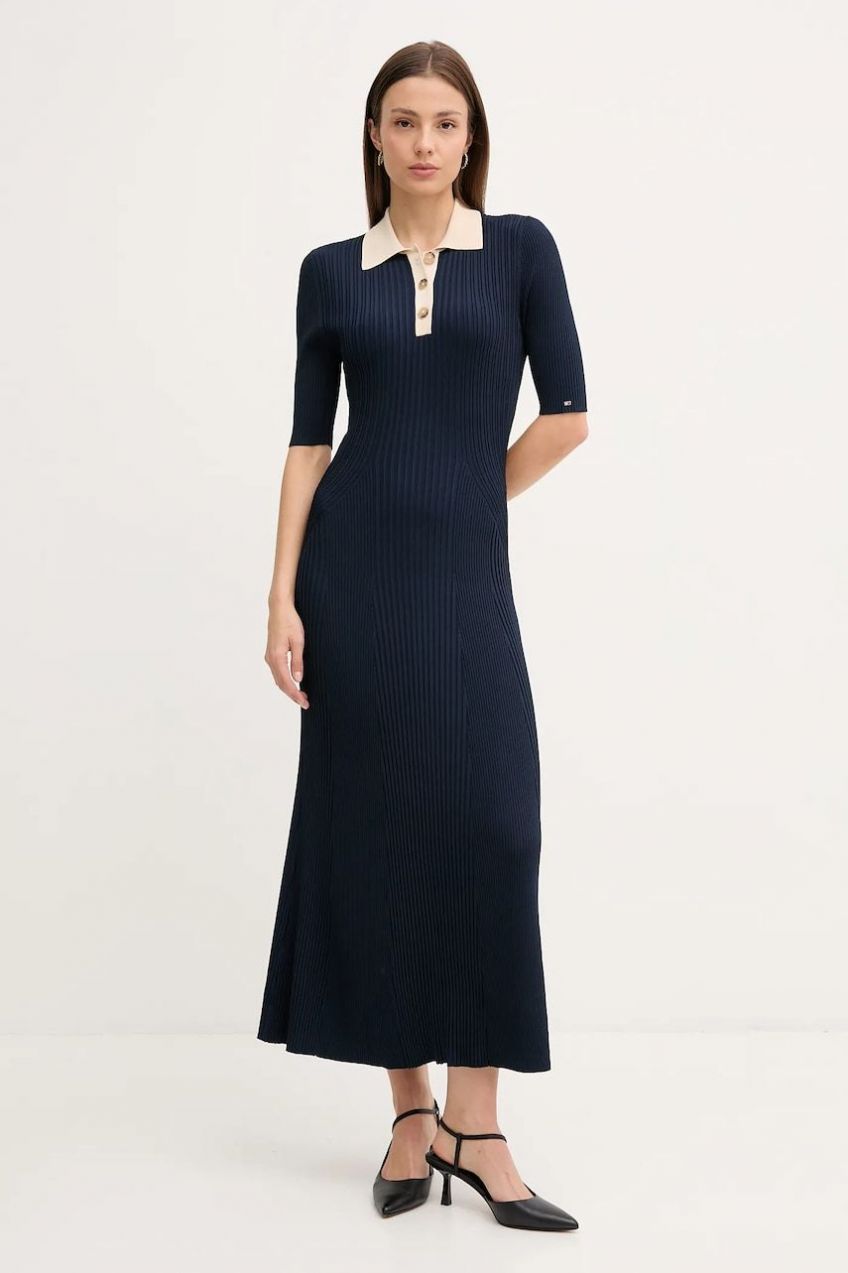 Šaty Tommy Hilfiger tmavomodrá farba, maxi, áčkový strih, WW0WW47216