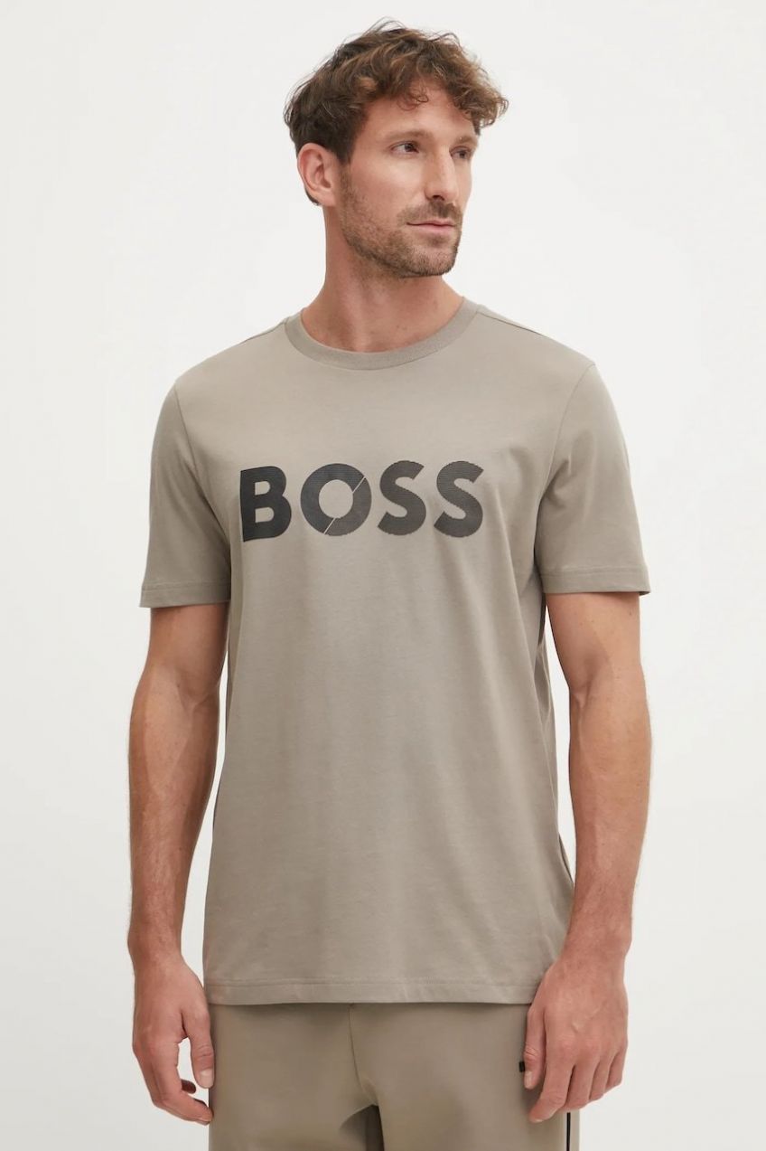 Bavlnené tričko BOSS Green pánske, béžová farba, s potlačou, 50530990