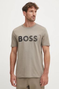 Bavlnené tričko BOSS Green pánske, béžová farba, s potlačou, 50530990