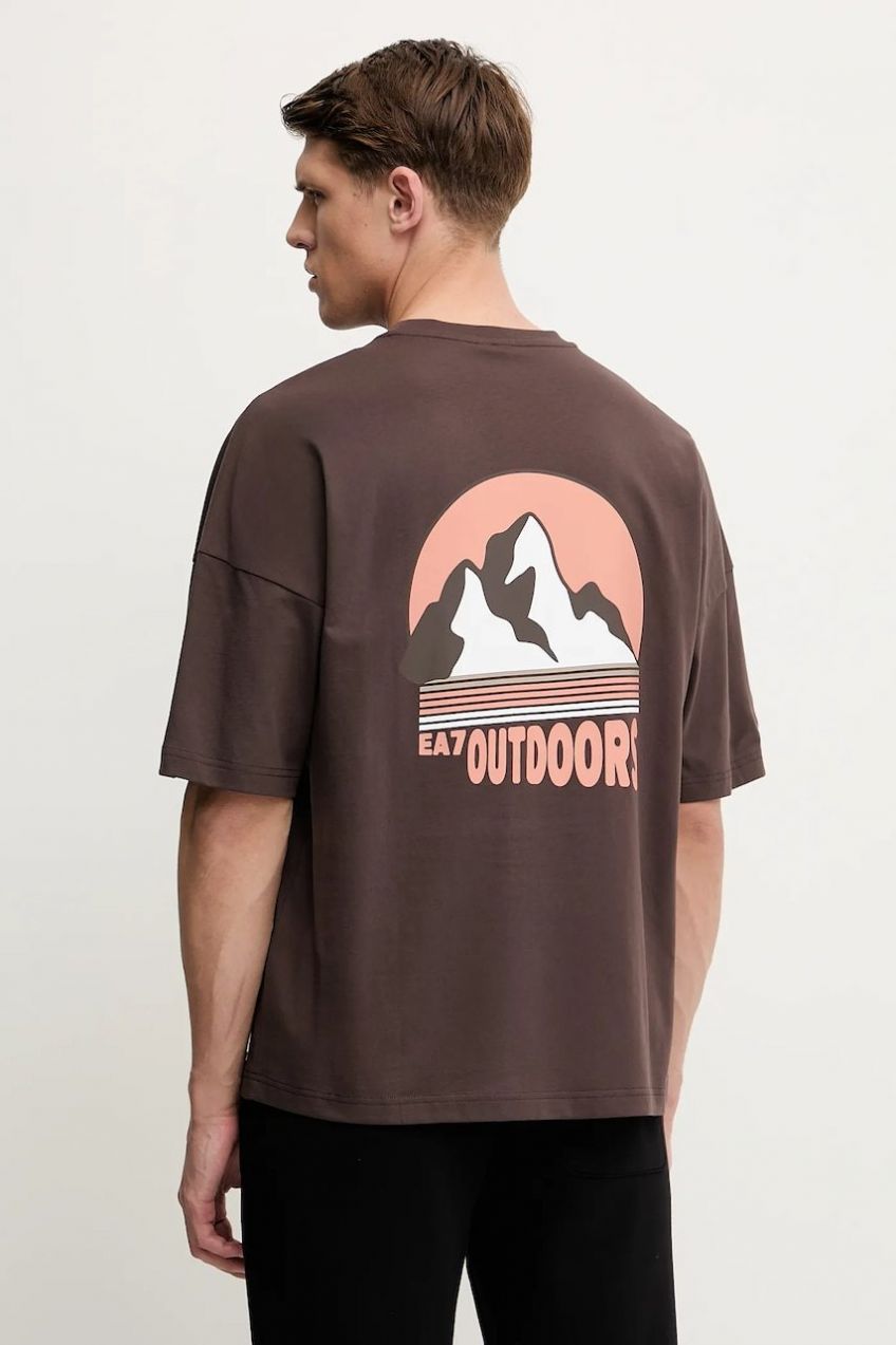 Bavlnené tričko EA7 Emporio Armani pánske, hnedá farba, s potlačou, AF12874.7M000081