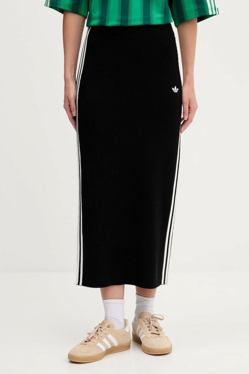 Sukňa adidas Originals 3-Stripes čierna farba, midi, puzdrová, JW2661