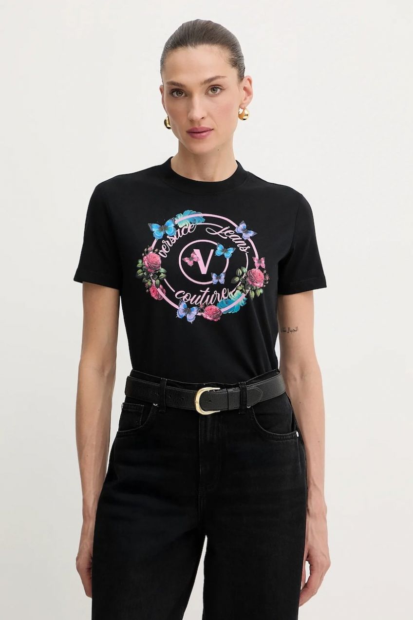 Bavlnené tričko Versace Jeans Couture dámske, čierna farba, 79HAHP01 CJ01P