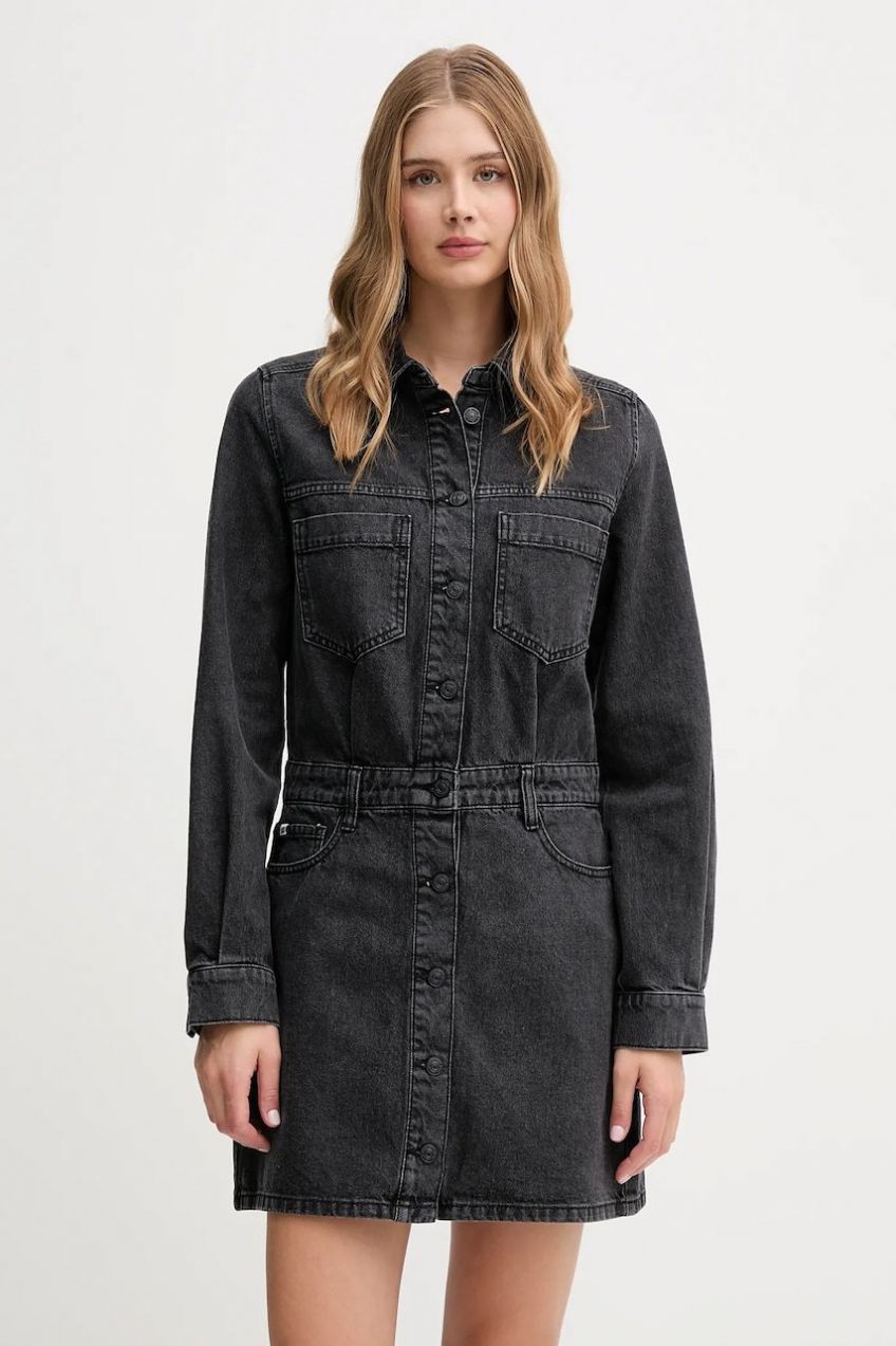 Rifľové šaty Dkny šedá farba, mini, áčkový strih, DJ5D9064