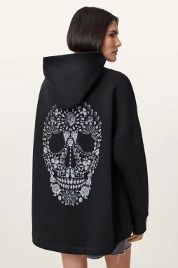 Mikina AllSaints SHKULL čierna farba, s kapucňou, W144JC