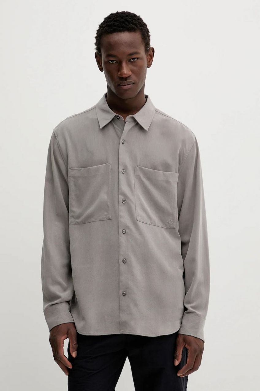 Košeľa Calvin Klein šedá farba, voľný strih, s klasickým golierom, LV04LC109G