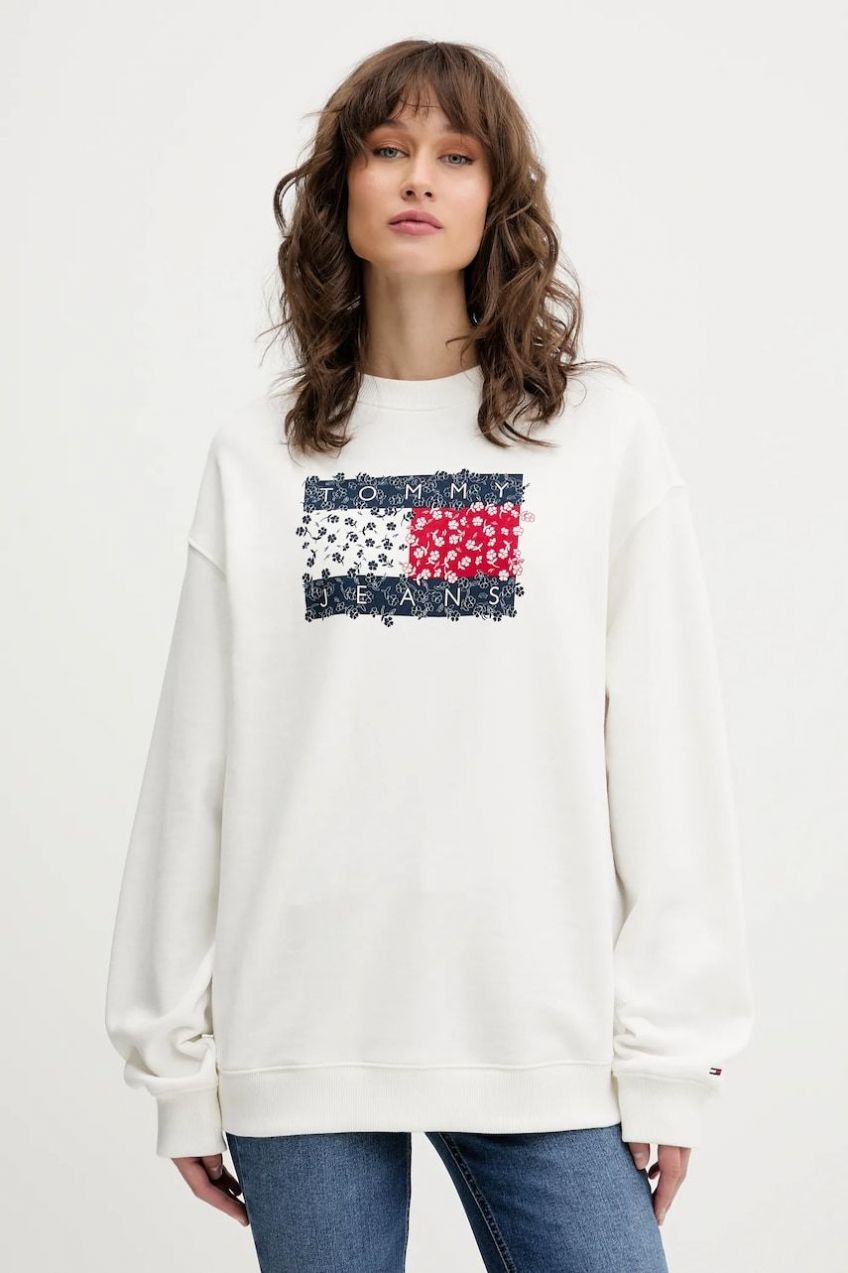 Bavlnená mikina Tommy Jeans biela farba, vzorovaná, DW0DW20933