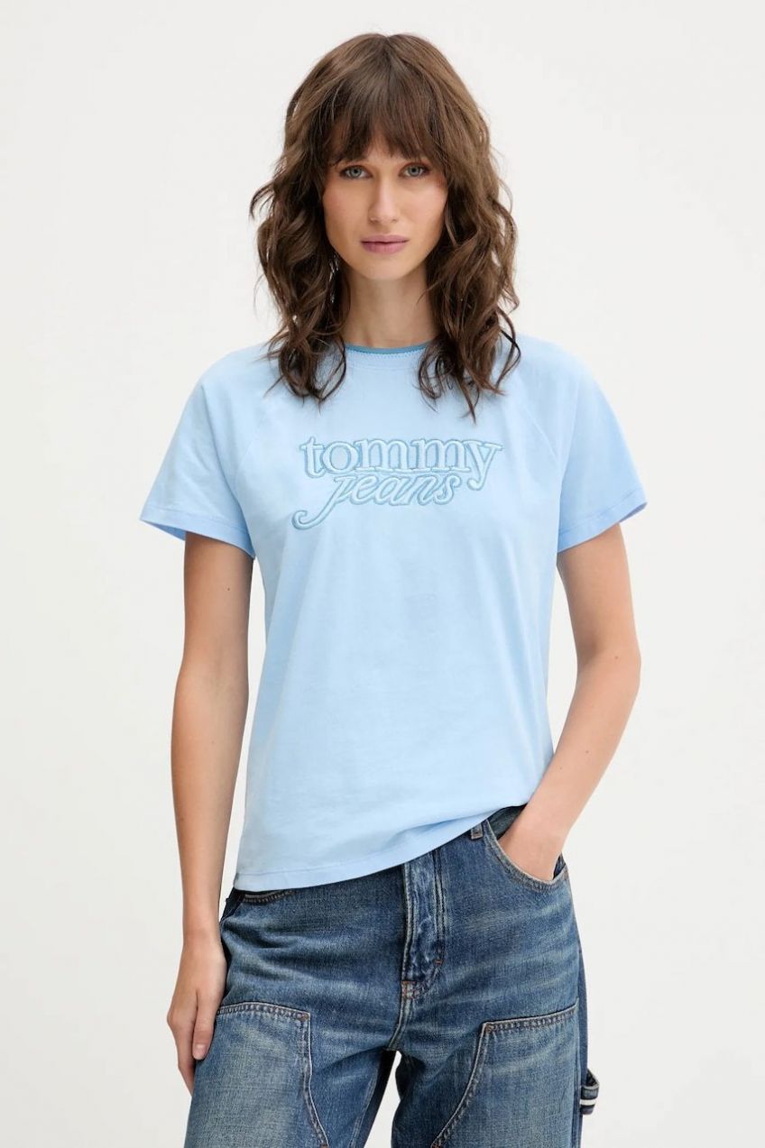 Bavlnené tričko Tommy Jeans dámske, modrá farba, DW0DW21388