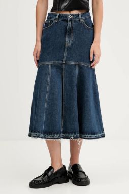 Rifľová sukňa Hugo Blue tmavomodrá farba, midi, áčkový strih, 50541569