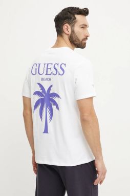 Bavlnené tričko Guess pánske, biela farba, s nášivkou, F5GI09 KA260