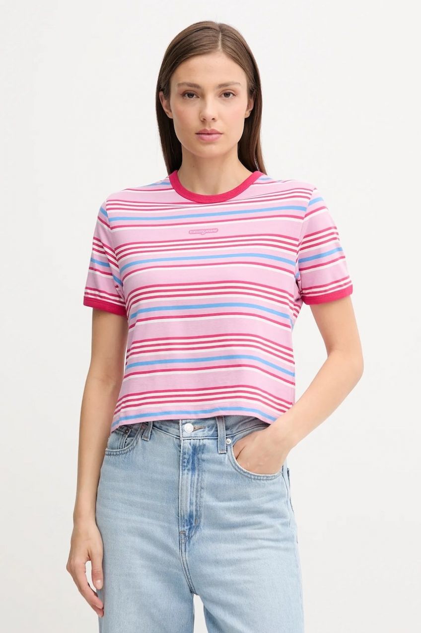 Bavlnené tričko Tommy Jeans dámske, ružová farba, DW0DW21391