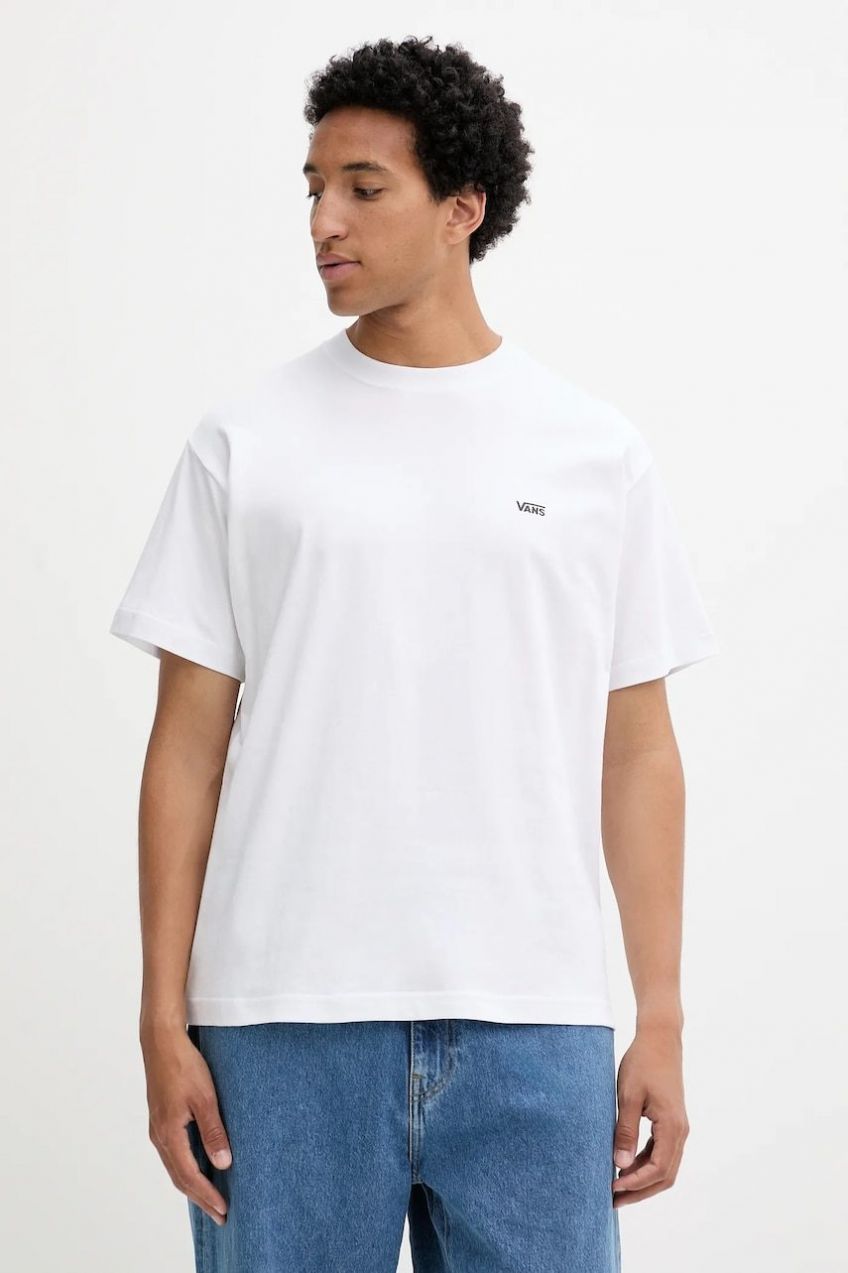 Bavlnené tričko Vans pánske, biela farba, s potlačou, VN000R9XWHT1