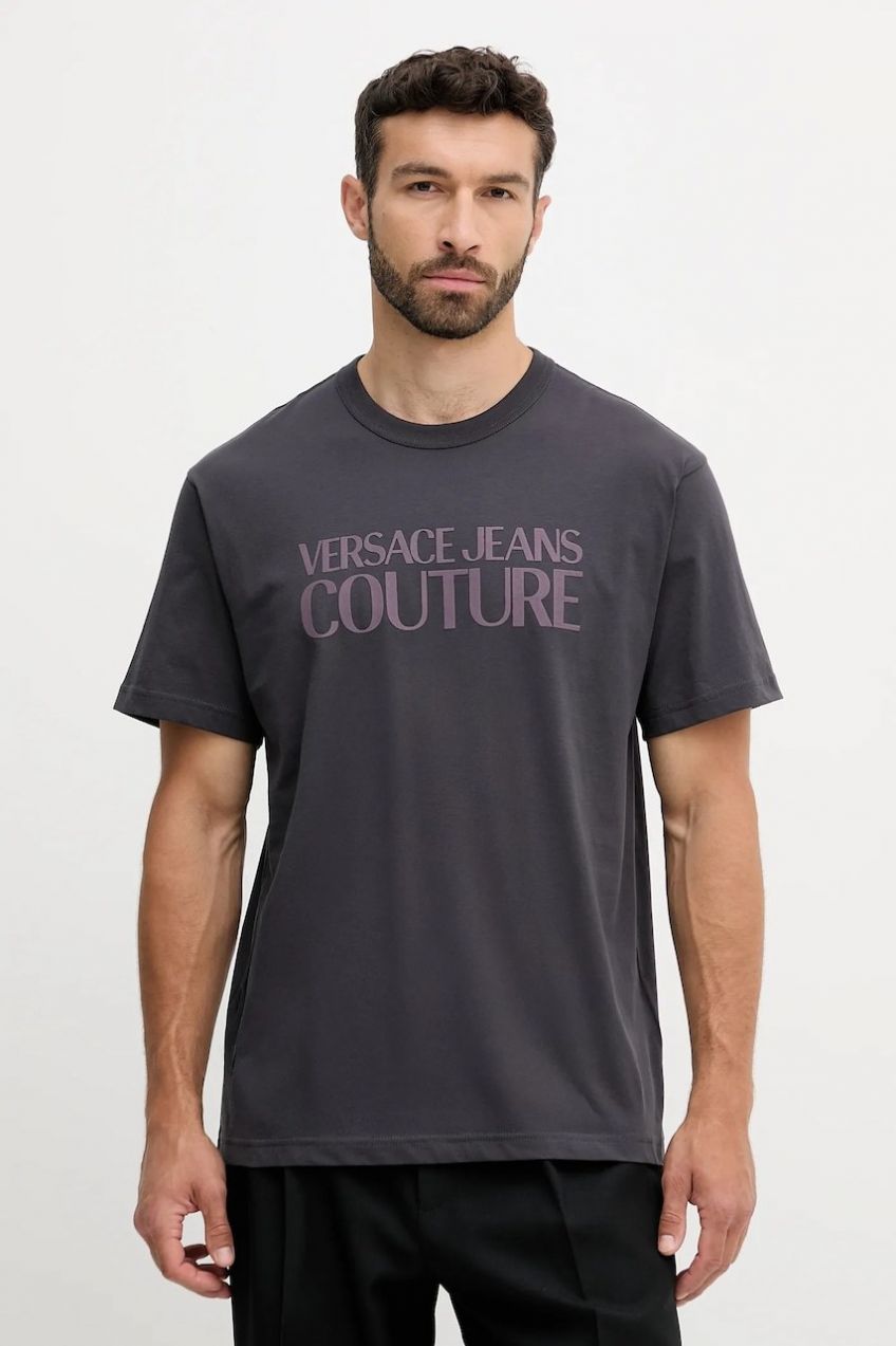 Bavlnené tričko Versace Jeans Couture pánske, šedá farba, s potlačou, 79GAHE05 CJ00E