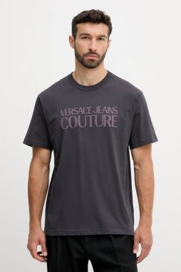 Bavlnené tričko Versace Jeans Couture pánske, šedá farba, s potlačou, 79GAHE05 CJ00E