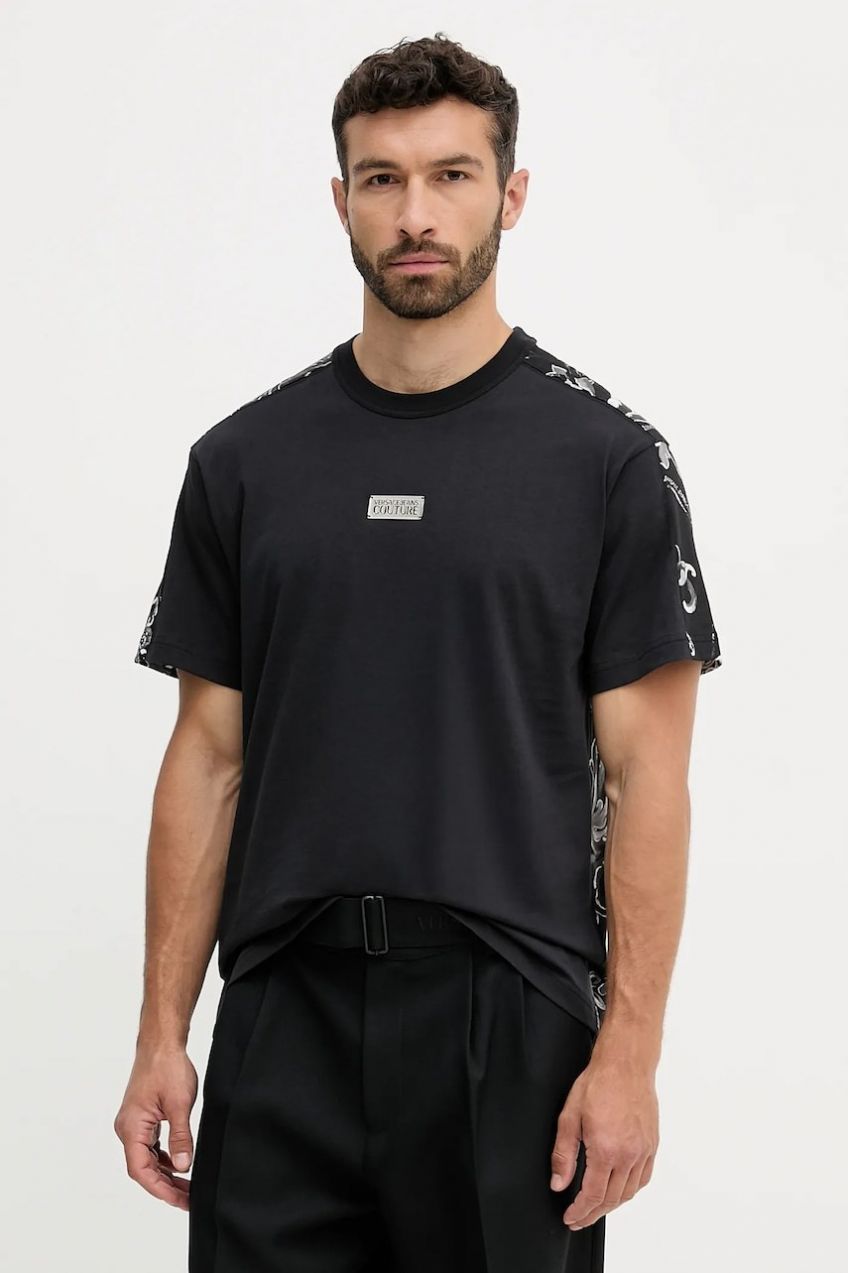 Bavlnené tričko Versace Jeans Couture pánske, čierna farba, s nášivkou, 79GAH617 JS515