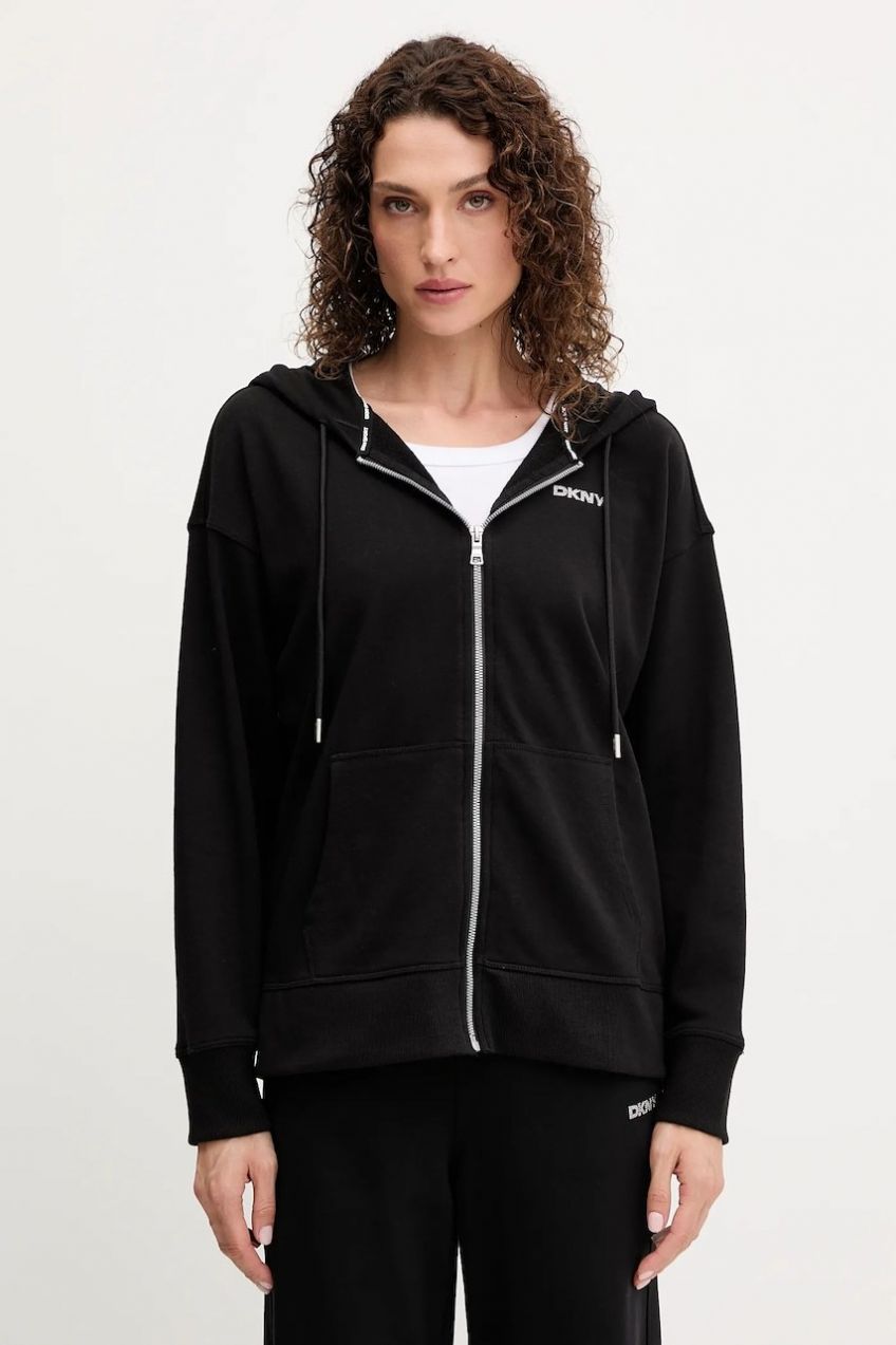 Mikina Dkny čierna farba, s kapucňou, s nášivkou, DP5J9666