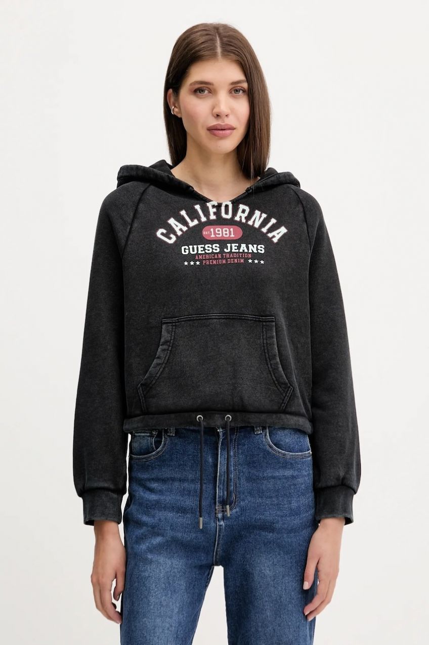 Bavlnená mikina Guess Jeans čierna farba, s kapucňou, s potlačou, W5YQ14 KCPR1