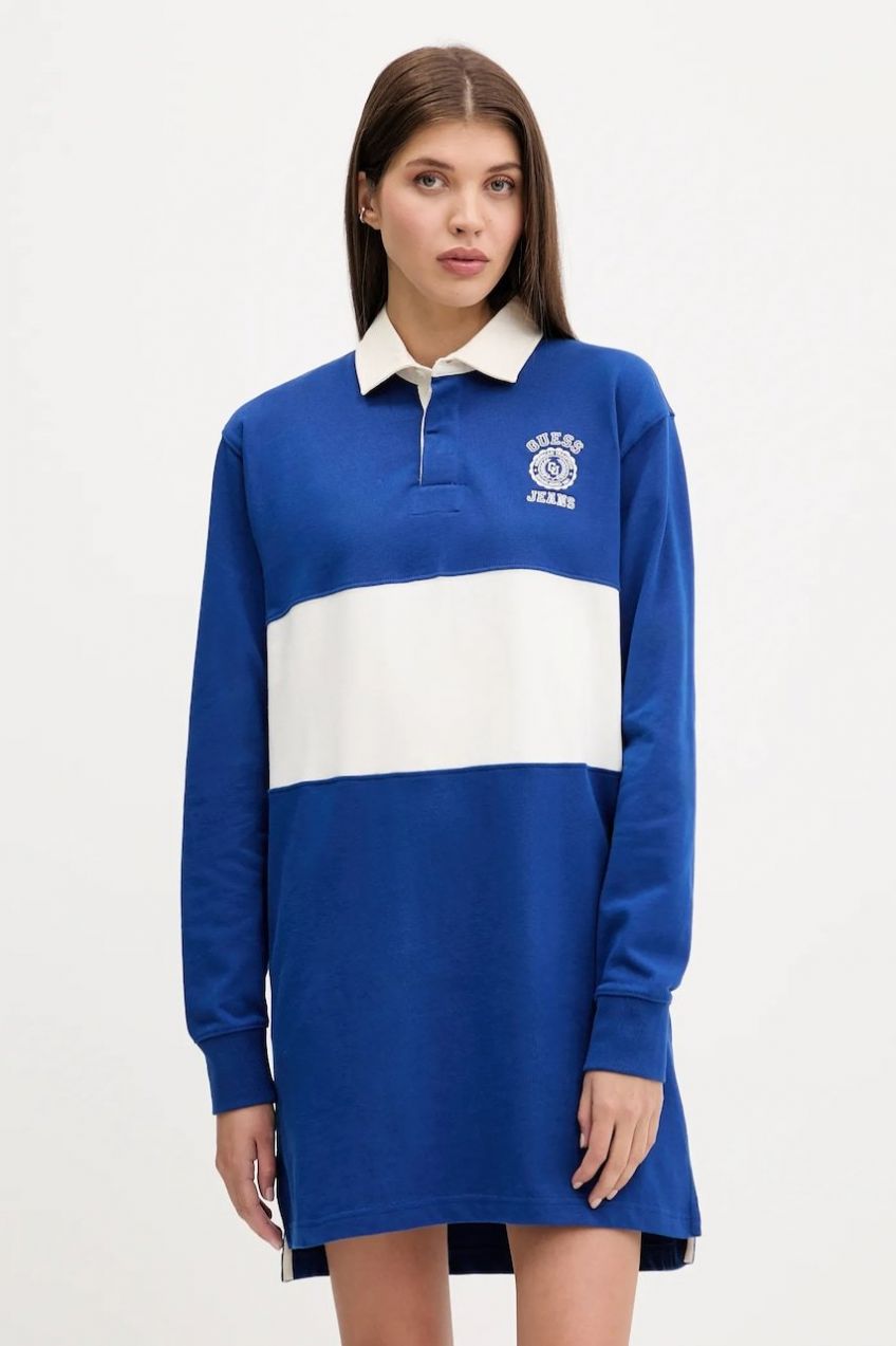 Bavlnené šaty Guess Jeans modrá farba, mini, oversize, W5YK47 KCPS1