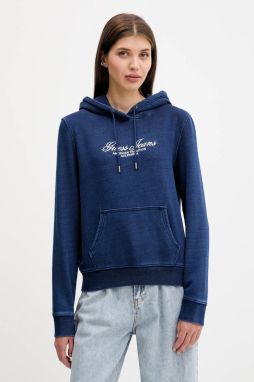 Bavlnená mikina Guess Jeans tmavomodrá farba, s kapucňou, s nášivkou, W5YQ11 KCXQ1