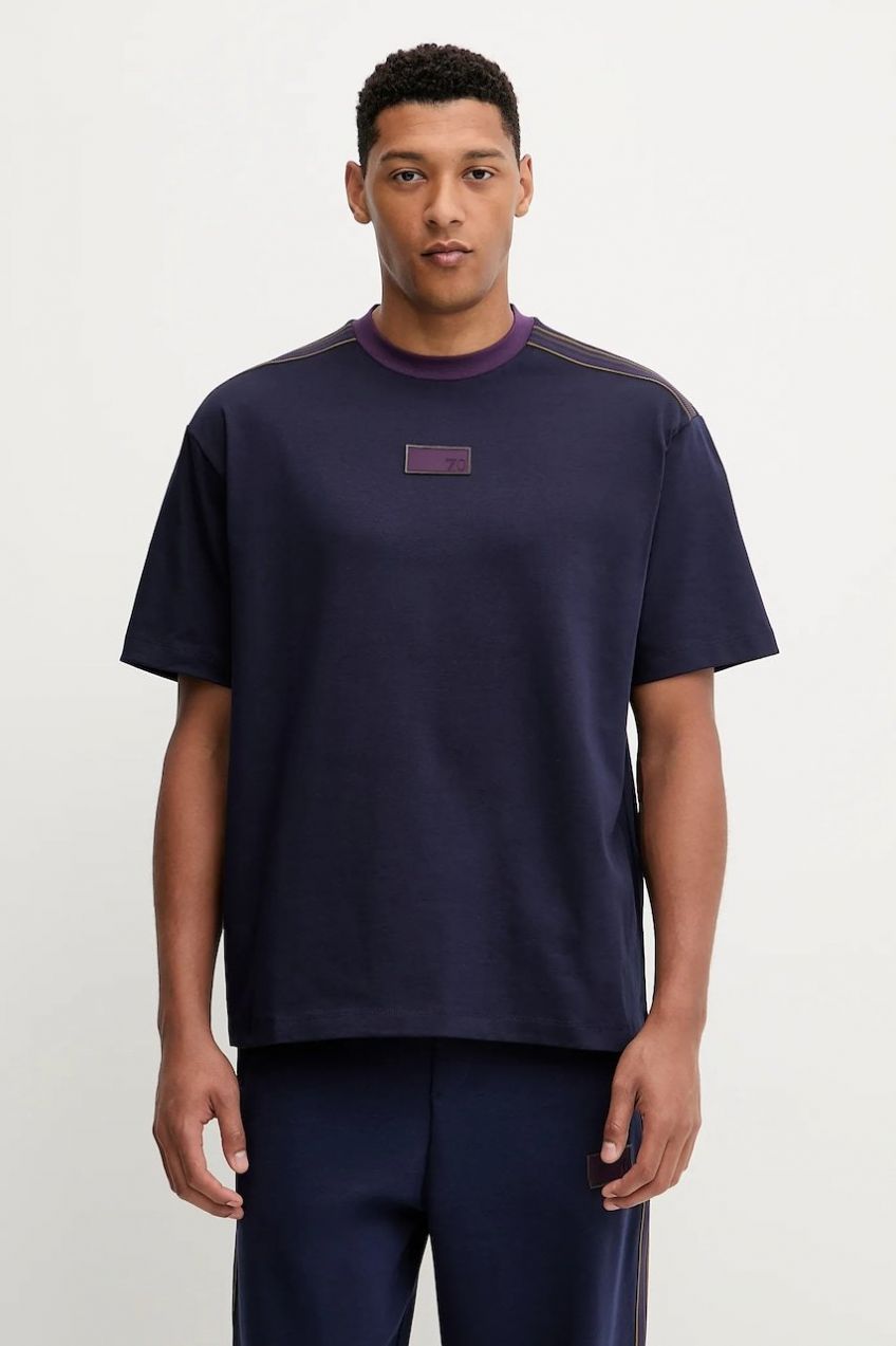 Bavlnené tričko EA7 Emporio Armani pánske, tmavomodrá farba, s nášivkou, AF12957.7X000404