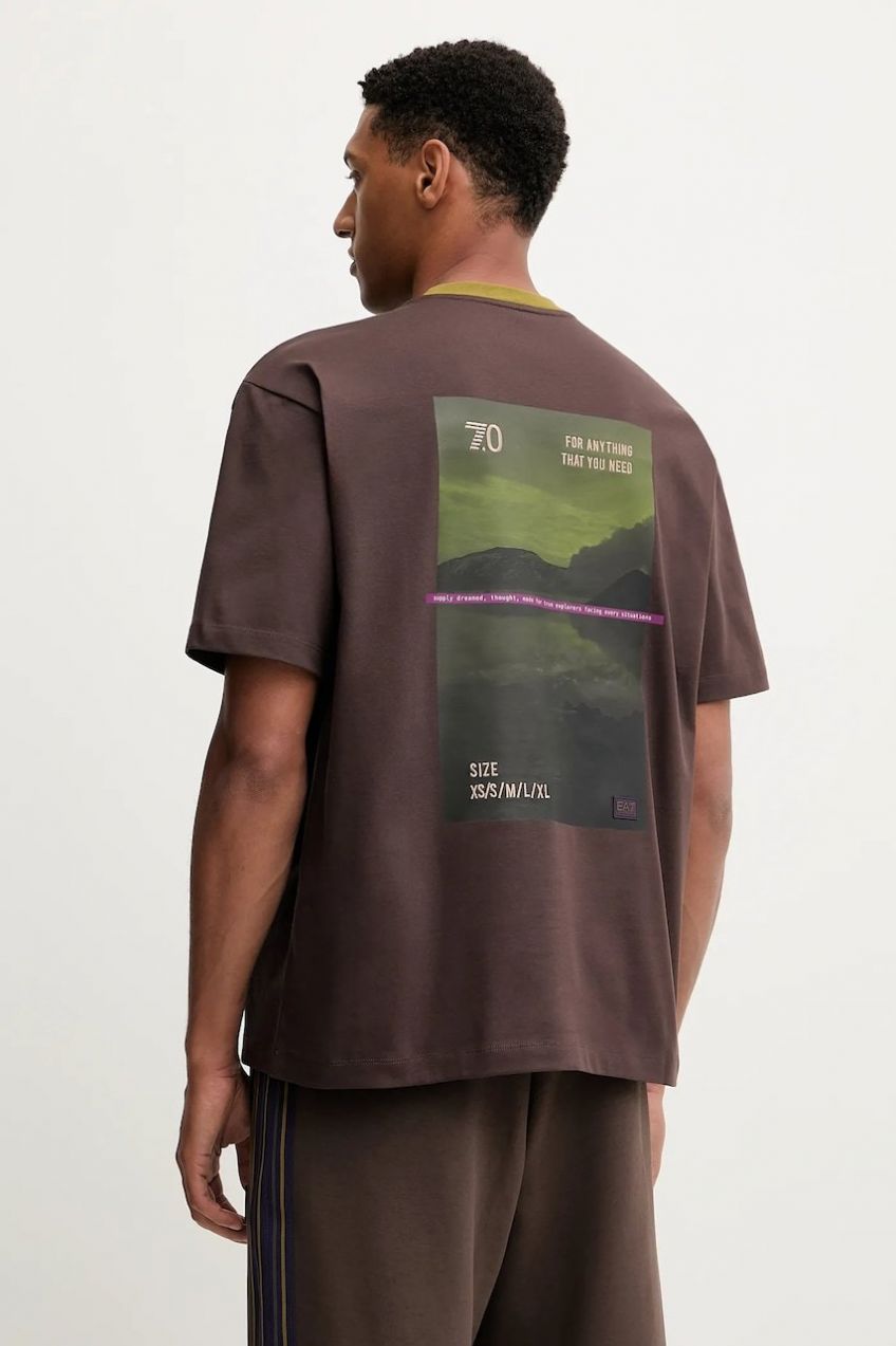 Bavlnené tričko EA7 Emporio Armani pánske, hnedá farba, s potlačou, AF12957.7X000154