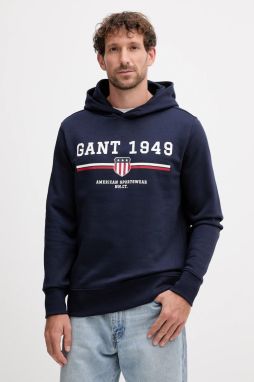 Mikina Gant tmavomodrá farba, s kapucňou, s potlačou, 2067042