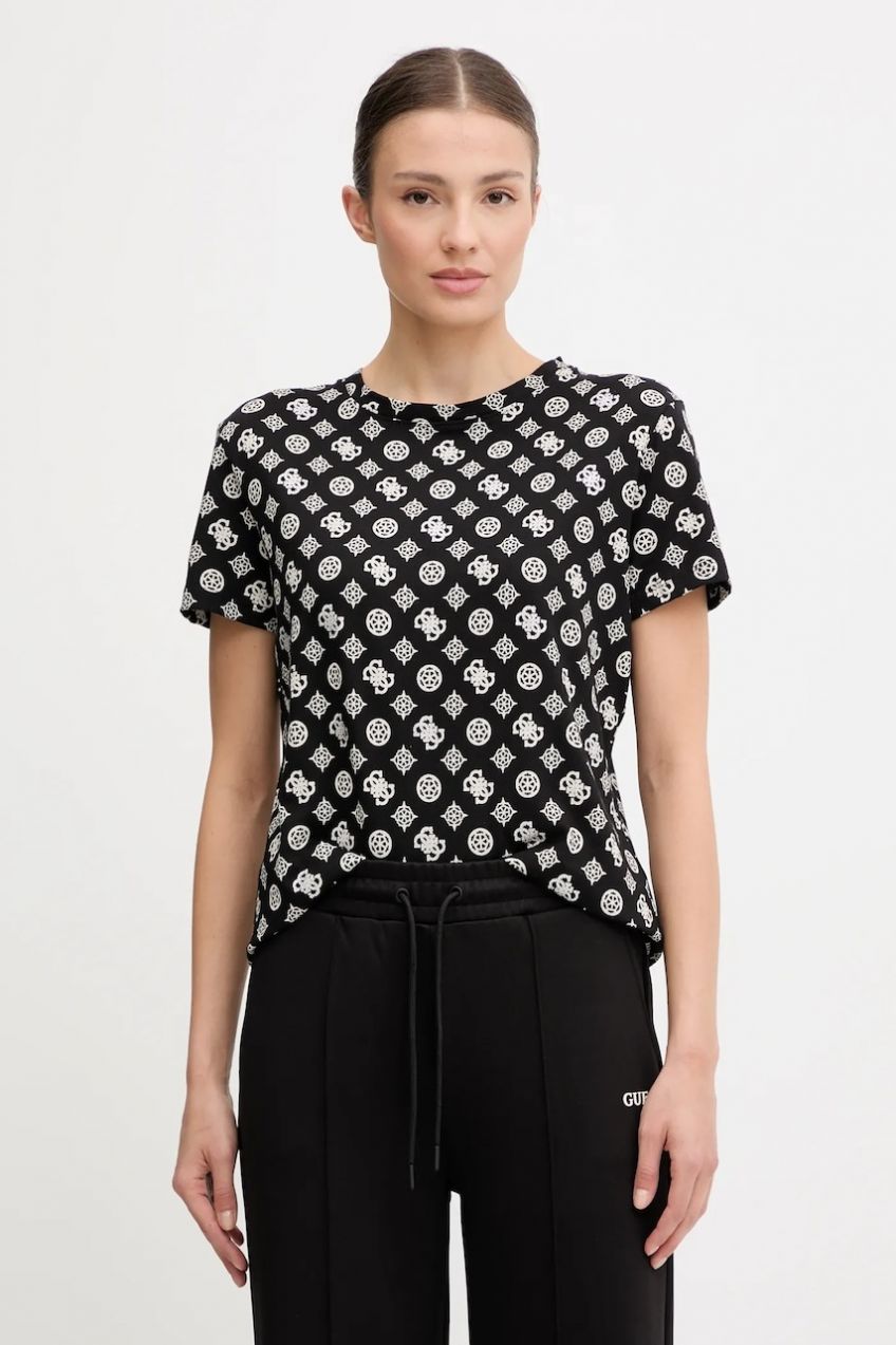 Bavlnené tričko Guess PEONY dámske, čierna farba, V5YI04 I3Z14