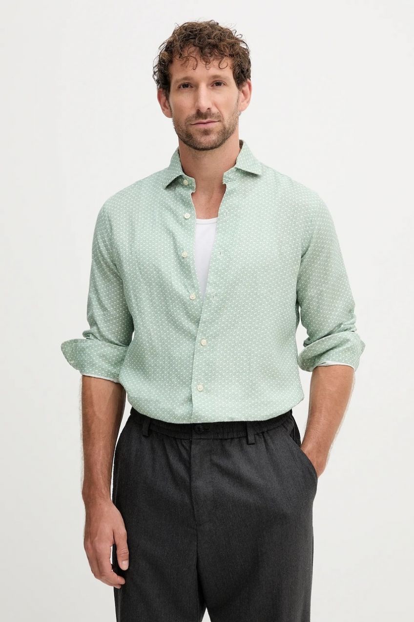 Ľanová košeľa Polo Ralph Lauren zelená farba, regular, s talianskym golierom, 710974546
