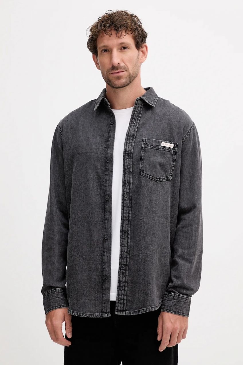 Bavlnená košeľa Calvin Klein Jeans šedá farba, regular, s klasickým golierom, LV040BM733