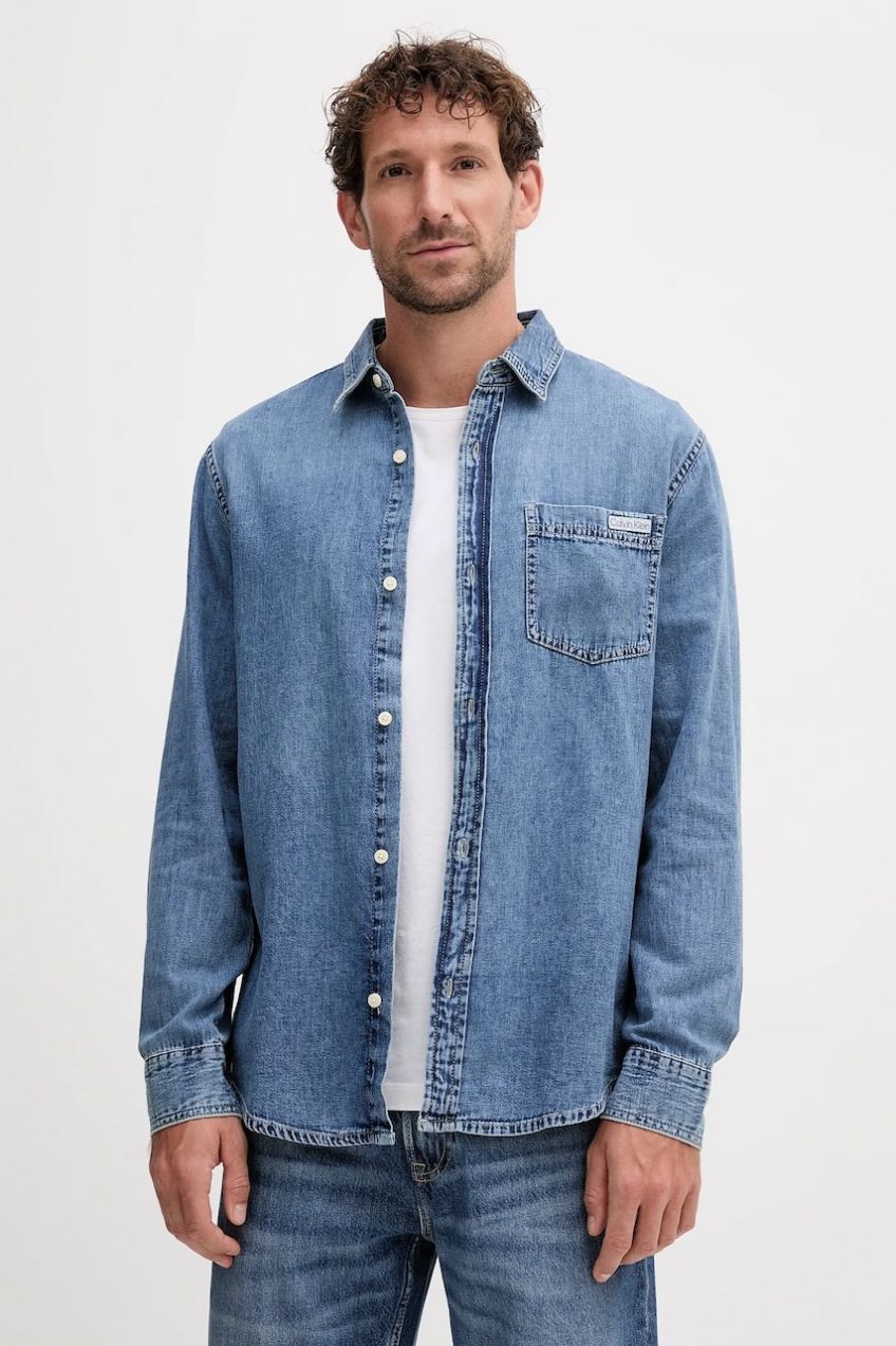 Rifľová košeľa Calvin Klein Jeans modrá farba, regular, s klasickým golierom, LV040EM774