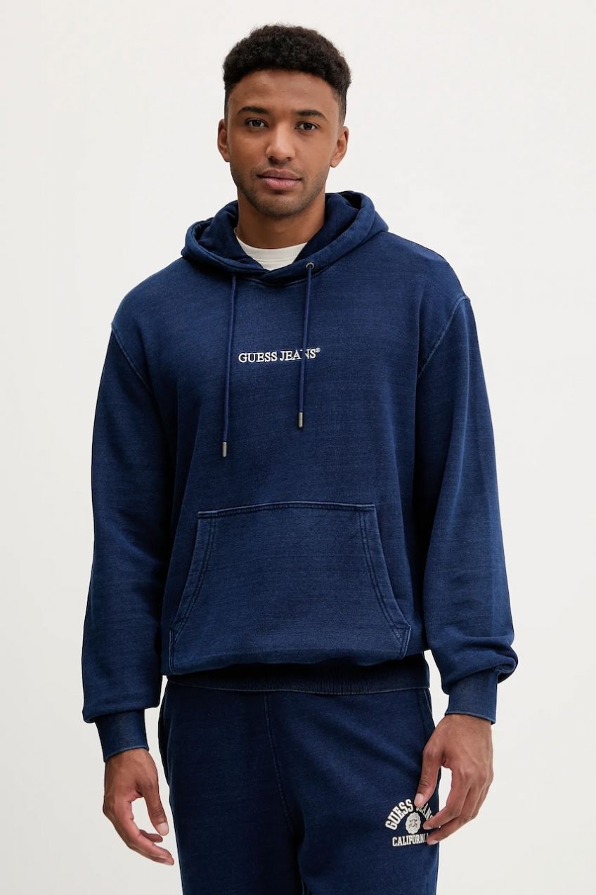 Bavlnená mikina Guess Jeans tmavomodrá farba, s kapucňou, jednofarebná, M5YQ27 KCXQ1