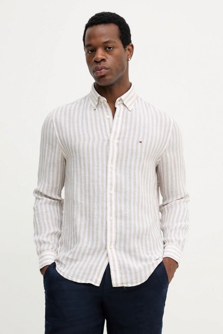 Ľanová košeľa Tommy Hilfiger béžová farba, regular, s golierom button-down, MW0MW38581