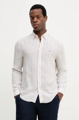Ľanová košeľa Tommy Hilfiger béžová farba, regular, s golierom button-down, MW0MW38581