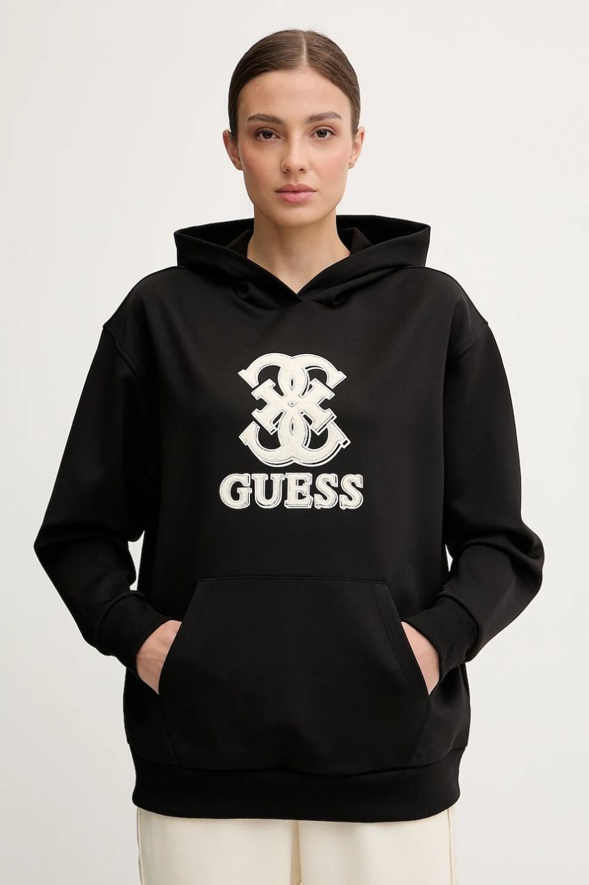 Mikina Guess CARMEN čierna farba, s kapucňou, s nášivkou, V5YQ01 KCX22