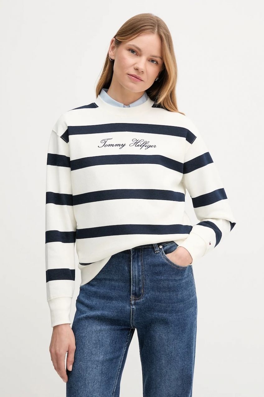 Mikina Tommy Hilfiger biela farba, vzorovaná, WW0WW45743