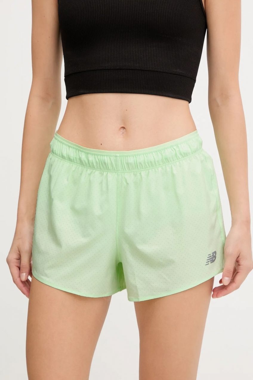 Tréningové šortky New Balance zelená farba, jednofarebné, vysoký pás, WS41286MEW